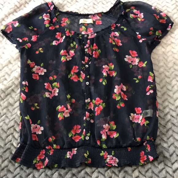Hollister Sheer Blouse / Top, Blue with Red Florals, Size L. - Picture 2 of 8